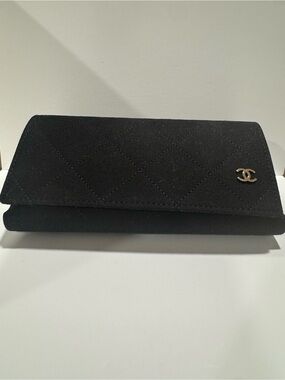 CHANEL Black Quilted Suede Clutch with Gold CC